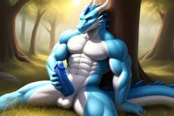 ai_generated blue_fur blue_penis dragon forest front_view full_body furry hand_on_penis hd_resolution in_frame leaning_on_wall long_penis masterpiece muscular relaxed room scalie sitting_on_bed spread_legs sunny white_balls white_chest