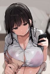 1boy 1girls black_hair blurry blurry_background bra bra_visible_through_clothes breast_grab breasts brown_eyes button_gap cellphone cleavage clothed commentary_request grabbing grabbing_another's_breast grabbing_breasts groping guided_breast_grab guiding_hand highres holding holding_phone large_breasts long_hair looking_at_viewer original phone pink_bra rouka_(akatyann) shirt smartphone sweat tanezawa_nanami_(rouka) thighs underwear wet wet_clothes wet_hair wet_shirt white_shirt