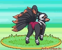 2023 9_tails ass black_body black_fur clothed clothed_feral clothing countershading curled_horn digital_media_(artwork) dipstick_tail feral fur generation_1_pokemon generation_2_pokemon horn houndoom hybrid hybrid_pokemon looking_back mammal markings multi_tail ninetales nintendo orange_body orange_countershading panties panties_on_feral pixel_(artwork) pokemon pokemon_(species) presenting presenting_hindquarters quadruped raised_tail red_clothing red_panties red_underwear solo standing tail tail_markings underwear watermark zabozamojo