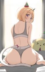 aki_rosenthal ass_focus back_view bedroom dot_mouth hololive indoors large_ass looking_back morning soles sports_bra twin_(tt_lsh) underwear underwear_only virtual_youtuber wariza