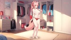 2023 ayame_(hentai_stars) bedroom big_breasts blush breasts female fox_ears fox_girl fox_tail game_cg hentai_stars human long_hair official_art panties pink_hair ponytail red_panties reddeer_games smile standing tagme