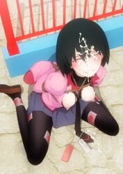 1girls after_cumshot anime_girl artist_request bare_breasts bent_over black_hair blush bondage_gear breasts breasts_out bukkake covered_in_cum crying crying_female cum cum_on_face cumshot enjoying_rape enjoyment horny horny_female leggings legs legwear medium_breasts monogatari_(series) nipples oshino_ougi ripped_bodysuit ripped_clothing school_uniform schoolgirl short_hair talisman thick_thighs thighs vibrator vibrator_in_pussy vibrators white_body white_skin