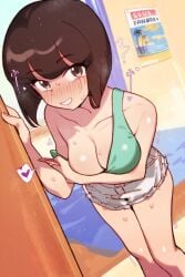 blush cleavage clothing female gsusart large_breasts nabiki_tendo off-shoulder_shirt ranma_1/2 shorts solo