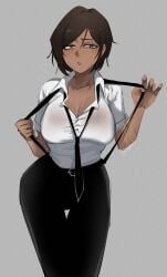 belt black_pants brown_eyes brown_hair brown_skin button_down_shirt cleavage cleavage_cutout feiyuu grabbing_clothing limbus_company nipple_bulge outis_(limbus_company) overalls project_moon scars see-through see-through_clothing short_hair steamy_breath sweat sweating sweating_profusely sweaty sweaty_breasts tie