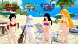 3d balls beach beach_chair beach_umbrella big_balls big_penis bikini blake_belladonna blue_bikini bottomless bottomless_futanari cumming cumming_together dialogue dickgirl ejaculation futa_only futanari guitar koikatsu masturbation masturbation_contest penis purple_bikini red_bikini ruby_rose rwby sex_competition small_balls small_penis swimsuit weiss_schnee yang_xiao_long yellow_bikini