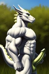 ai_generated anthro balls dragon face facing_viewer flexing_bicep frame full_body furry grass green_fur green_penis hd_resolution in long_penis masterpiece muscles muscular side_view small standing visible white_chest