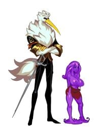breasts female large_breasts long_hair nipples purple_skin sword weapon white_hair