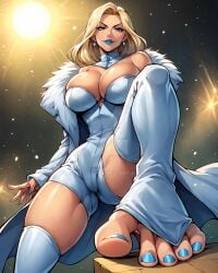 ai_generated babeshaven blonde_hair blue_eyes cameltoe cleavage emma_frost foot_fetish foot_worship large_breasts marvel marvel_comics white_queen x-men