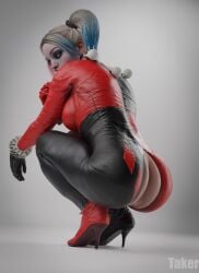 1girls 2024 3d ankle_boots arm_on_knee batman_(series) big_ass big_breasts blonde_hair bodysuit boots crouching crouching_female curvaceous curvaceous_female dyed_hair female female_only frilled_gloves full_body_suit full_face_blush gloves harley_quinn harley_quinn_(classic) harley_quinn_(injustice) heavy_makeup high_heel_boots high_heels holding_lollipop injustice_2 lipstick lollipop looking_at_viewer looking_back looking_back_at_viewer rear_view ripped_bodysuit ripped_clothing simple_background solo takerskiy three-tone_hair twintails two-tone_bodysuit two-tone_eyeshadow