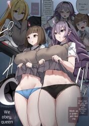 3girls bangs big_breasts black_panties blue_panties close_rim_open empty_eyes english_text erect_nipples erect_nipples_under_clothes expressionless handjob hokaze_junko large_breasts lifted_by_self long_hair mind_control panties purple_hair school_uniform shokuhou_misaki short_hair showing_panties skirt skirt_lift to_aru_majutsu_no_index underwear