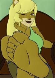 anthro big_breasts callie_(furry_force) feet_focus female_only foot_fetish foot_up looking_at_viewer on_chair winking_at_viewer