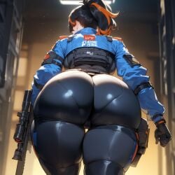 1girls ai_generated ass ass_focus assault_rifle back backboob bangs belt black_gloves black_hair blue_jacket blush bodysuit breasts cameltoe closed_mouth clothing cropped_jacket curvaceous curvaceous_female curvaceous_figure curvy curvy_figure facing_away female female female_focus female_only from_behind gloves gun holding holding_gun holding_object holding_weapon huge_ass jacket large_ass large_breasts long_hair long_sleeves looking_at_viewer looking_back miyuai multicolored_hair orange_hair pants police police_uniform policewoman ponytail presenting presenting_ass presenting_hindquarters rifle shiny_clothes shiny_skin shirt short_hair skin_tight solo standing thick_thighs thigh_gap thighhighs thighs tied_hair tight_pants uniform voluptuous voluptuous_female weapon wide_hips zenless_zone_zero zhu_yuan