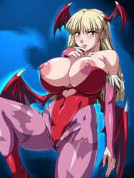 alternate_color blush breasts cameltoe capcom clitoris clothing darkstalkers demon_girl erect_clitoris large_breasts morrigan_aensland nipples smile succubus water_beryl wings