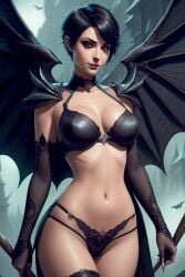 ai_generated bat bat_wings black_hair black_lingerie curvy_figure pale_skin pixie pixie_cut sheer_sleeves smirk sultry_gaze thighhighs