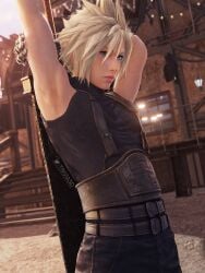 1boy 3d arms_up blonde_hair blue_eyes cloud_strife cloudmateria femboy final_fantasy final_fantasy_vii fully_clothed light-skinned_male light_skin sleeveless sleeveless_turtleneck spiky_hair stretching trivia3d_(cloudmateria) turtleneck twink white_skin