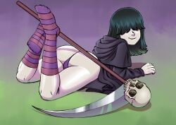 cosplay death_(personification) goth gummybanana hair_over_eyes legs_up looking_at_viewer lucy_loud lying_on_stomach nickelodeon striped_socks the_loud_house thong