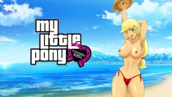 abs applejack_(eg) applejack_(mlp) areolae beach bikini_bottom blonde_hair boobieboom breasts cowboy_hat equestria_girls freckles friendship_is_magic green_eyes my_little_pony my_little_pony_equestria_girls my_little_pony_friendship_is_magic nipples red_bikini red_bikini_bottom stetson topless topless_female wallpaper