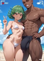 1boy 1girls ai_generated beach belly_button bikini boobs breasts bulge bulge_through_clothing camera_view clothed clothed_female clothing curly_hair dark-skinned_male dark_skin eyelashes female flaccid_penis front_view green_eyes green_hair grin hand_on_hip legs light-skinned_female light_skin looking_at_viewer male muscular muscular_male navel one-punch_man outdoor outdoors outside pale-skinned_female pale_skin peace_sign recording saliva saliva_drip sky small_breasts standing swimwear tatsumaki thighs water white_bikini