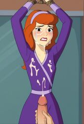 ai_generated arms_up blush bondage bondage clothed_sex clothing crying cum cum_on_clothes cum_on_face daphne_blake dress forced handjob hanna-barbera indoors looking_at_viewer nw_th penis red_hair rope rope_bondage scooby-doo sex tears tied_up warner_brothers