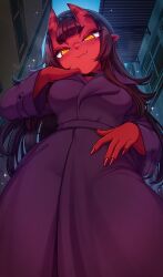 1girls brown_hair demon demon_girl demon_horns demon_tail devil devil_girl devil_horns devil_tail female meru_(merunyaa) meruccubus_(merunyaa) merunyaa original original_character red_skin solo succubus succubus_horns succubus_tail tagme trenchcoat yellow_eyes