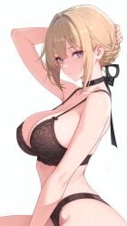 1girls ai_generated blonde_hair bra breasts choker curvy_body evelyn_chevalier hi_res large_breasts light-skinned_female panties purple_body simple_background underwear white_background zenless_zone_zero