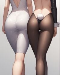 2girls ai_generated ass ass_focus back_of_thighs bare_back bunny_girl bunny_tail bunnysuit cuffs dress facing_away gluteal_fold lower_body notreallyhere pantyhose reverse_bunnysuit simple_background skindentation thigh_gap thighs tight_clothing walking white_dress