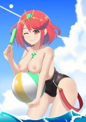 1girls alternate_costume beach big_breasts breasts competition_swimsuit core_crystal exposed_breasts female female_only large_breasts negicake nintendo nipples official_alternate_costume one-piece_swimsuit one_eye_closed outdoors outside peachfuzz pyra red_eyes red_hair short_hair solo solo_female swimsuit topless topless_female wink winking_at_viewer xenoblade_(series) xenoblade_chronicles_2