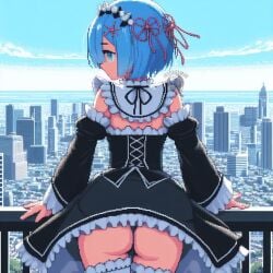 ai_generated ass blue_eyes blue_hair j4ssr_remur pixel_art re:zero_kara_hajimeru_isekai_seikatsu rem_(re:zero) thong