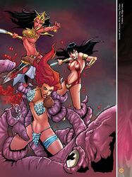 3girls a_princess_of_mars action_pose barsoom black_hair blood bra chainmail chainmail_bikini craig_tucker_(artist) crossover dejah_thoris dijjo_lima fight fit_female gloves holding_weapon john_carter_of_mars large_breasts loincloth long_hair martian monster octopus official_art pink_skin red_hair red_sonja red_sonja_(comics) revealing_clothes royalty sword tentacle tiara vampire vampirella voluptuous