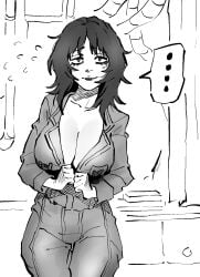 1girls alternate_breast_size anya_(mouthwashing) big_breasts black_and_white black_hair breasts dingotoad female female_focus female_only large_breasts monochrome mouthwashing solo undressing