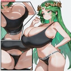 ai_assisted blacked blacked_clothing green_eyes green_hair hiita_(hitta_99) huge_breasts kid_icarus long_hair multiple_views palutena sports_bra spread_legs