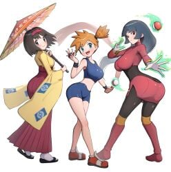 3girls absurdres aqua_eyes ass big_ass bike_shorts black_bodysuit black_hair blue_hair blunt_bangs blush bodysuit bodysuit_under_clothes breasts brown_hair coin commentary_request crop_top dark_blue_hair erika_(pokemon) full_body gameplay_mechanics gloves gonzarez hairband headband highres hime_cut holding holding_umbrella huge_ass huge_breasts jacket japanese_clothes kasumi_(pokemon) kimono large_ass large_breasts long_hair long_sleeves looking_at_viewer medium_breasts midriff multiple_girls navel nintendo oil-paper_umbrella open_mouth pencil_skirt poke_ball poke_ball_(basic) pokemon pokemon_frlg pokemon_tcg pokemon_tcg_pocket red_eyes red_hairband red_jacket red_skirt red_umbrella sabrina_(pokemon) sandals short_hair side_slit simple_background skirt smile standing teeth telekinesis thick_ass thighs tongue tongue_out turtleneck turtleneck_jacket twisted_torso umbrella upper_teeth_only white_background white_gloves yellow_kimono