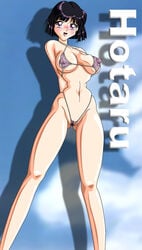 bikabika bishoujo_senshi_sailor_moon female female_only hotaru_tomoe inverted_nipples looking_at_viewer medium_breasts navel open_mouth purple_eyes purple_hair see-through see-through_swimsuit short_hair smile solo swimsuit tagme