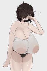 bedhead black_hair black_panties breasts camisole cleavage closed_eyes female gigantic_breasts grey_background hair_over_one_eye huge_breasts inverted_nipples messy_hair naozuri nipples nipples_visible_through_shirt one_eye_covered original pai-chan_(naozuri) panties rubbing_eyes sagging_breasts see-through_clothes see-through_shirt shirt short_hair sleepy solo standing underwear