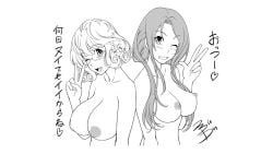 2girls big_breasts fukudahda huge_breasts kuramochi_natsumi long_hair medium_hair nakatsu_yurie nipples only_female pink_pineapple soushisouai_note soushisouai_note_the_animation t-rex_(animation_studio) white_background