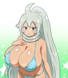 1girls ahoge big_breasts bikini blue_bikini blush female green_eyes green_hair hair_ornament hairclip hairy_(inazuma_eleven) inazuma_eleven inazuma_eleven_go inazuma_eleven_go_chrono_stone long_hair manto_(inazuma_eleven) nipple_bulge ponytail snowpowder198 solo solo_female star