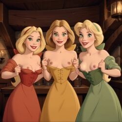 3girls ai_generated areolae bare_shoulders beauty_and_the_beast beauty_and_the_beast_(1991_film) blonde_female blonde_hair blonde_hair_female breasts claudette_(red) clothed disney dress exposing_chest female flashing flashing_breasts green_dress green_eyes indoors inside laurette_(yellow) light-skinned_female light_skin looking_at_viewer makeup nipples paulette_(green) pulling_clothing red_dress red_lips smile smiling smiling_at_viewer tavern the_bimbettes the_triplets top_pull uzzlegorf yellow_dress