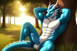 ai_generated blue_fur blue_penis dragon forest front_view full_body furry hands_behind_head hd_resolution in_frame leaning_on_wall long_penis masterpiece muscular relaxed scalie sitting spread_legs sunny white_balls white_chest