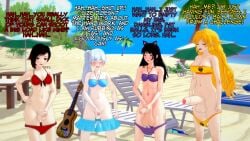 3d balls beach beach_chair beach_umbrella big_balls big_penis bikini bikini_bottom_down blake_belladonna blue_bikini dialogue dickgirl futa_only futanari guitar koikatsu masturbation masturbation_contest penis purple_bikini red_bikini ruby_rose rwby sex_competition small_balls small_penis swimsuit weiss_schnee yang_xiao_long yellow_bikini