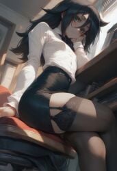 1girls ai_generated black_hair blouse blush civitai female flat_chest flat_chested garter_straps green_eyes kuroki_tomoko legs legs_crossed long_hair looking_at_viewer messy_hair office office_lady pencil_skirt sitting skirt small_breasts solo solo_female thick_thighs thigh_squish thighhighs thighs thin thin_waist viewed_from_below watashi_ga_motenai_no_wa_dou_kangaetemo_omaera_ga_warui!