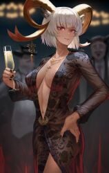 1girls areola_slip areolae arknights carnelian_(arknights) cleavage dark_skin dress female gino horns wine_glass