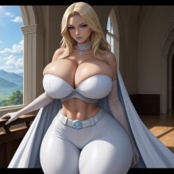 ai_generated albedosnow blonde blonde_hair blue_eyes cape cleavage emma_frost hourglass_figure hyper_hourglass large_breasts long_torso marvel marvel_comics milf superheroine supervillainess thick_thighs white_cape white_queen wide_hips x-men