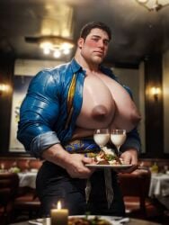 ai ai_generated bashful big_breasts breastmilk breasts_out brown_nipples busty candle huge_breasts lactating lactation lit_candle male male_lactation male_only male_with_breasts mature mature_male milk muscleymilk server serving_beverage serving_tray voluptuous_male waiter