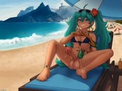 1futa balls beach blue_eyes blue_hair brazilian_miku breasts feet futanari hatsune_miku penis precum precum_drip presenting_penis seraziel solo_futa sweat tan_skin vocaloid