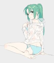 07th_expansion arm_support ass bare_legs bare_shoulders bare_thighs barefoot bikini_under_clothes blue_bikini blush body_blush feet green_eyes green_hair higurashi_no_naku_koro_ni long_hair long_sleeves mion_sonozaki nonanonnon6u6 parted_lips ponytail shirt side-tie_bikini_bottom sitting thighs toes wariza white_shirt