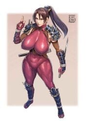 1girls bodysuit brown_hair huge_breasts muscular_female ninja simple_background soul_calibur tagme taki weapon