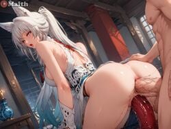 1boy 1girls ahe_gao ai_generated all_fours anal anal_sex animal_ears blue_eyes blue_tip double_penetration drooling feixiao_(honkai:_star_rail) from_behind from_behind_position highres honkai:_star_rail indoors large_ass large_penis long_hair looking_at_viewer makeup malth on ponytail red_eyeliner red_eyeshadow sex sex_from_behind sleeveless sleeveless_dress thick_thighs vaginal_penetration wet_pussy white_dress white_hair wolf_ears