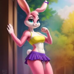 ai_generated babs_bunny bunny_girl crop_top frosting.ai miniskirt pink_fur rabbit_girl skimpy skimpy_clothes tiny_toon_adventures