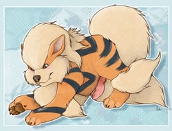 arcanine beige_fur beige_hair black_fur blush claws color fawnbaby feral fur male male_only nintendo nude orange_fur penis pokemon pokemon_(species) solo stripes tagme