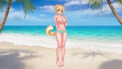 2023 beach big_breasts blonde_hair blue_eyes blush breasts clouds dog_ears dog_girl dog_tail female game_cg hentai_world_(reddeer_games) human nanami_(hentai_world) nipples official_art palm_tree panties reddeer_games sand short_hair sky standing tagme trees water